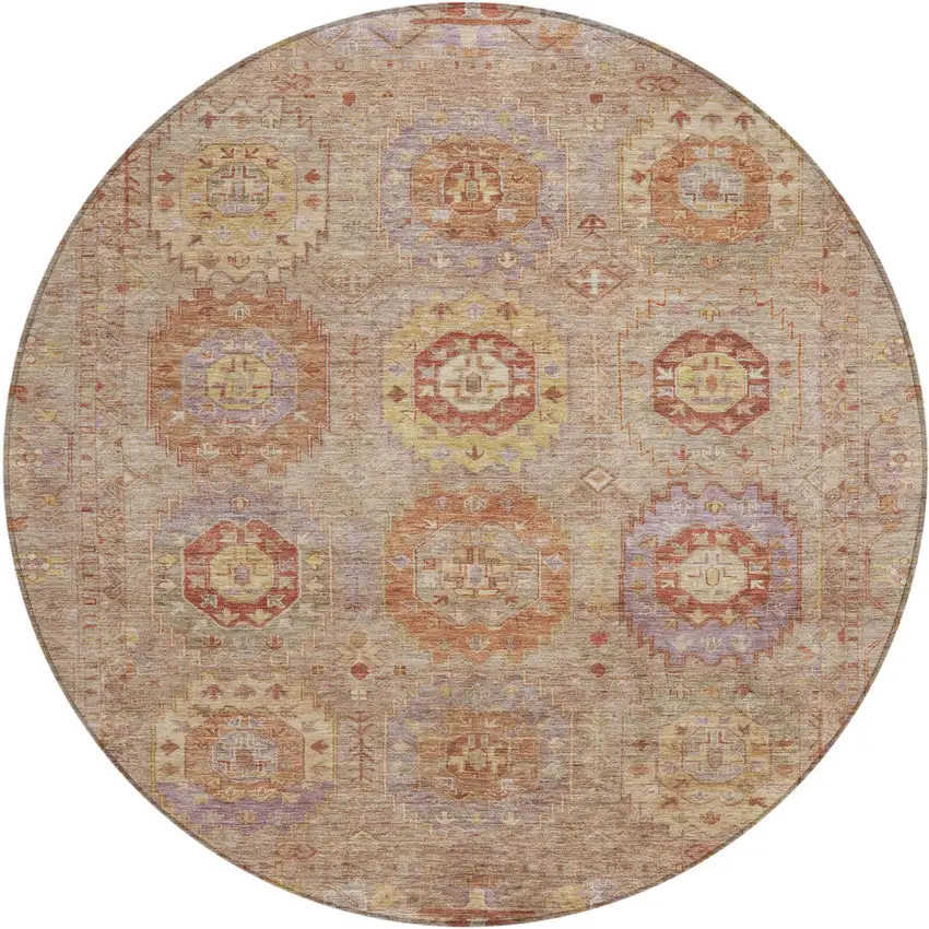 8' Khaki Gold And Burgundy Round Medallion Washable Indoor Outdoor Area Rug Photo 2