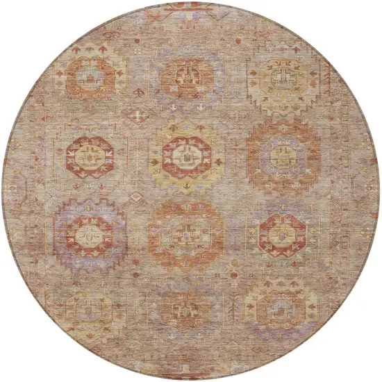 8' Khaki Gold And Burgundy Round Medallion Washable Indoor Outdoor Area Rug Photo 5