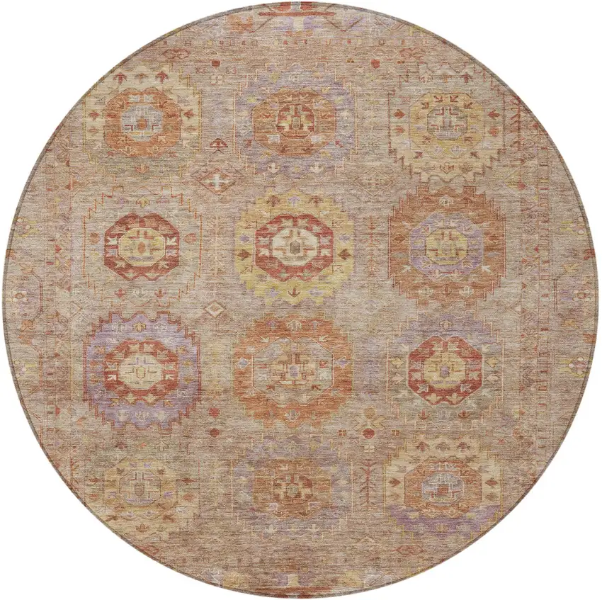 8' Khaki Gold And Burgundy Round Medallion Washable Indoor Outdoor Area Rug Photo 5