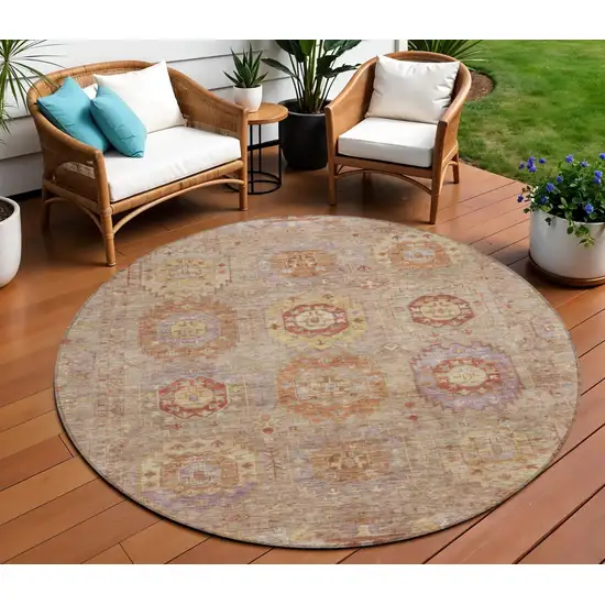 8' Khaki Gold And Burgundy Round Medallion Washable Indoor Outdoor Area Rug Photo 1