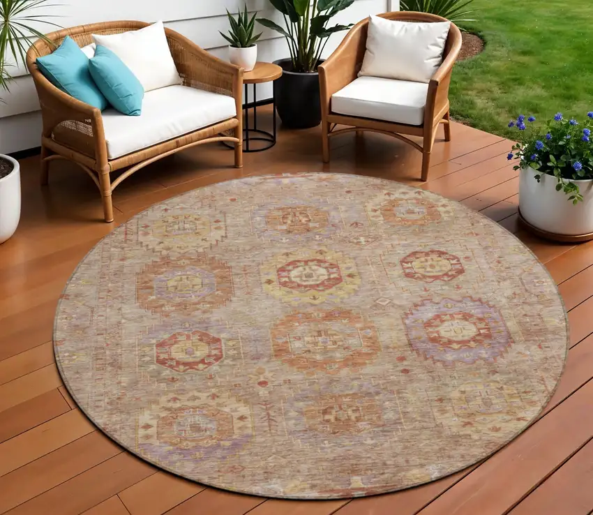 8' Khaki Gold And Burgundy Round Medallion Washable Indoor Outdoor Area Rug Photo 1