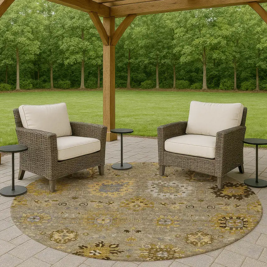 8' Khaki Gold And Gray Round Damask Washable Indoor Outdoor Area Rug Photo 9