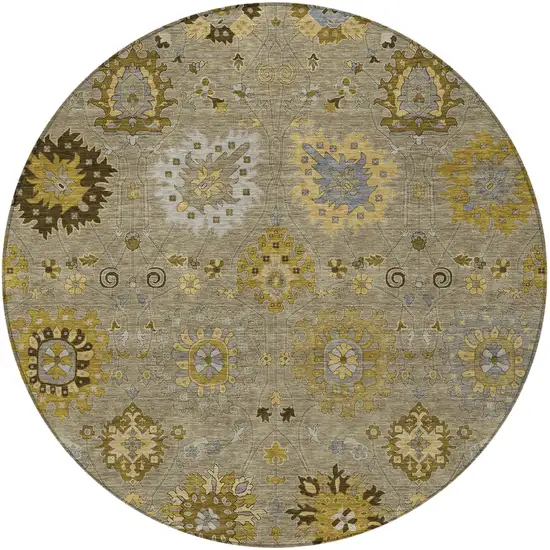 8' Khaki Gold And Gray Round Damask Washable Indoor Outdoor Area Rug Photo 5
