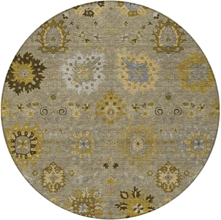 8' Khaki Gold And Gray Round Damask Washable Indoor Outdoor Area Rug Photo 5