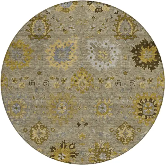 8' Khaki Gold And Gray Round Damask Washable Indoor Outdoor Area Rug Photo 2