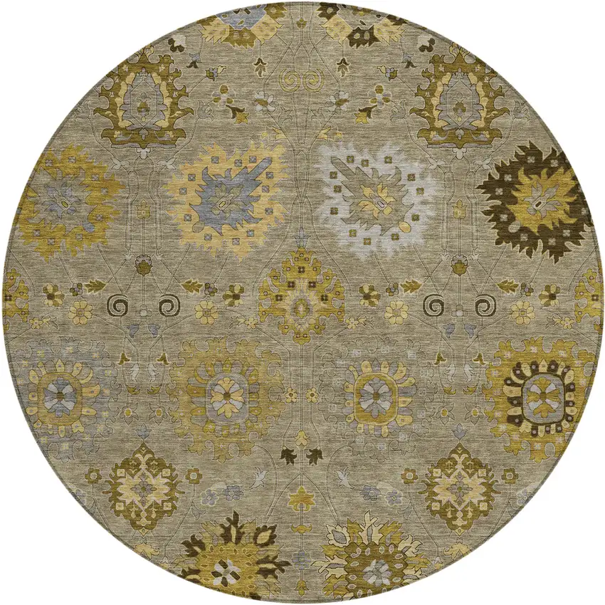 8' Khaki Gold And Gray Round Damask Washable Indoor Outdoor Area Rug Photo 2