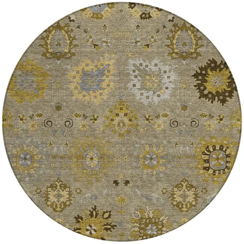 8' Khaki Gold And Gray Round Damask Washable Indoor Outdoor Area Rug Photo 4