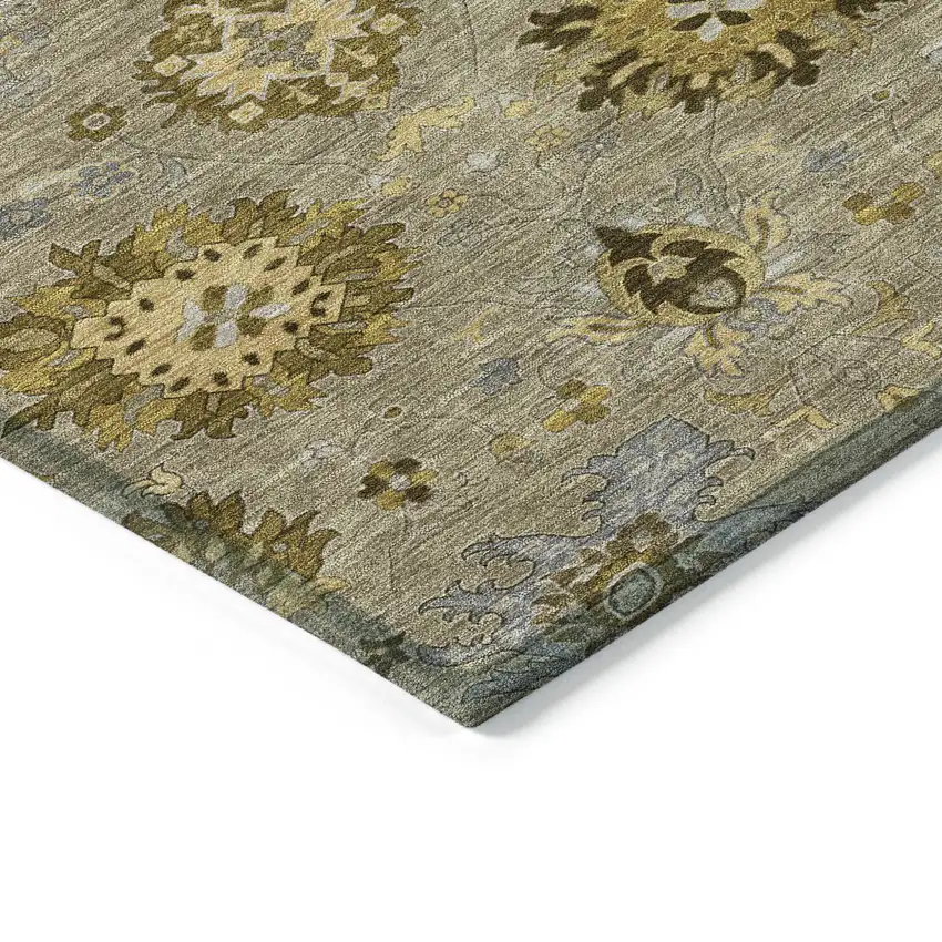 8' Khaki Gold And Gray Round Damask Washable Indoor Outdoor Area Rug Photo 7