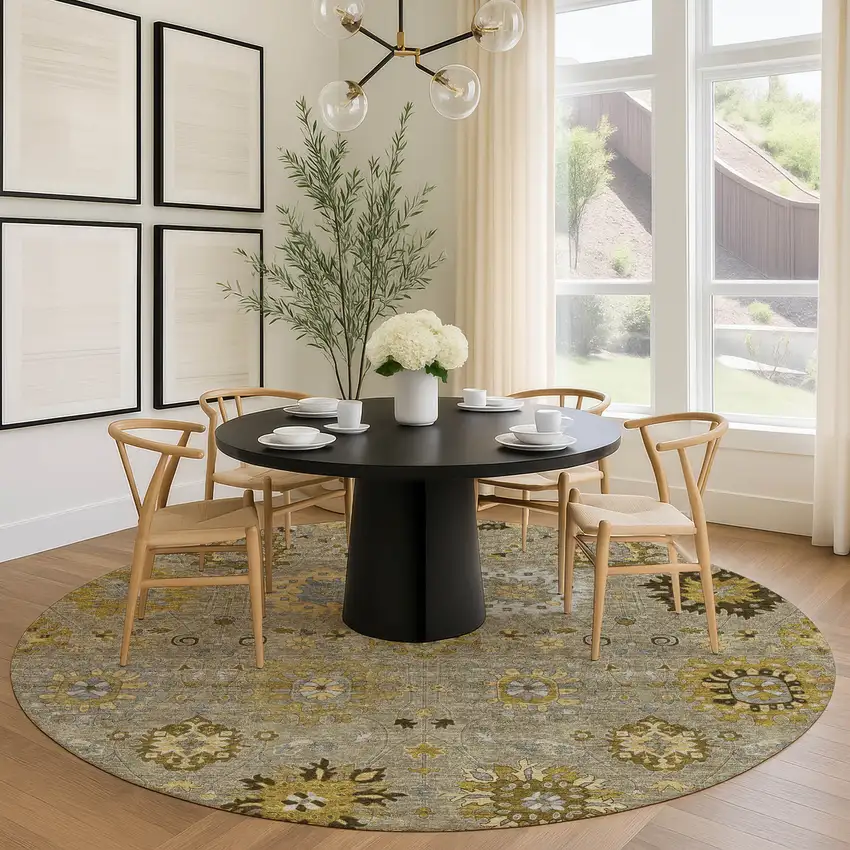 8' Khaki Gold And Gray Round Damask Washable Indoor Outdoor Area Rug Photo 9