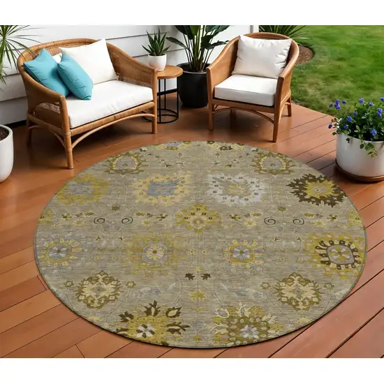 8' Khaki Gold And Gray Round Damask Washable Indoor Outdoor Area Rug Photo 1