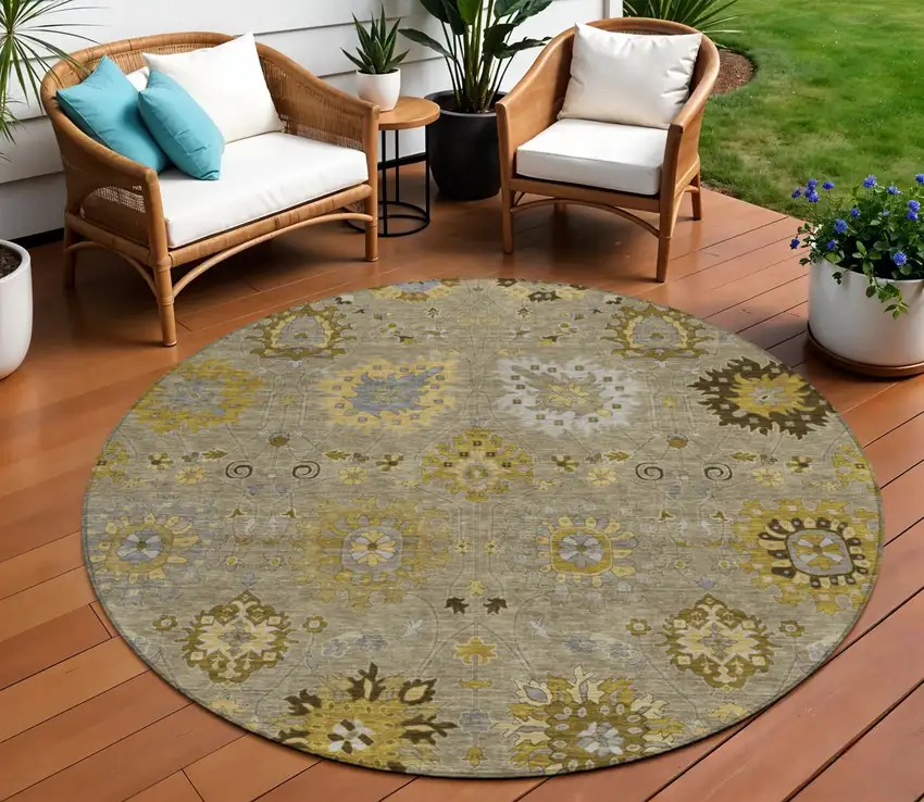 8' Khaki Gold And Gray Round Damask Washable Indoor Outdoor Area Rug Photo 1