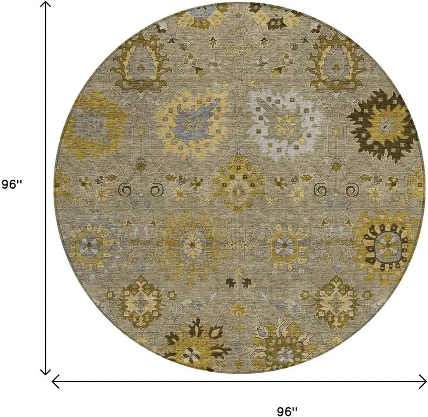 8' Khaki Gold And Gray Round Damask Washable Indoor Outdoor Area Rug Photo 3