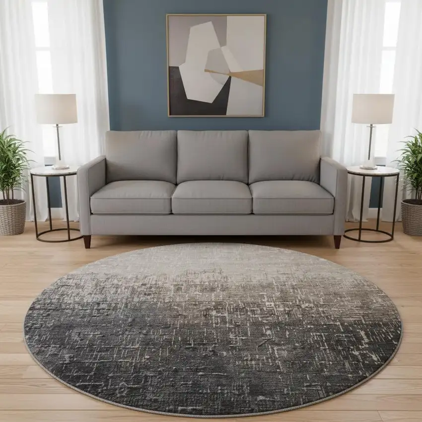 8' Khaki Gray And Charcoal Ombre Washable Round Rug With UV Protection Photo 2