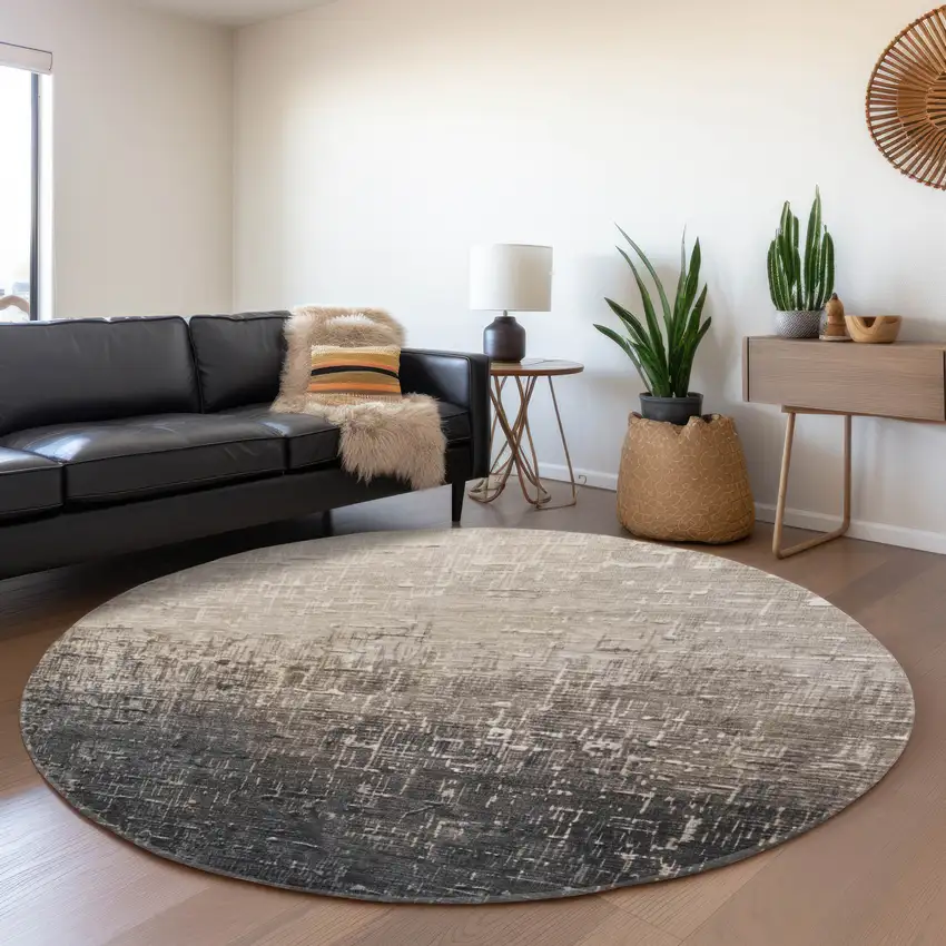 8' Khaki Gray And Charcoal Ombre Washable Round Rug With UV Protection Photo 4