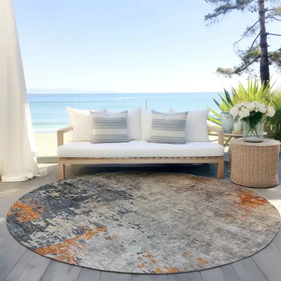 8' Khaki Gray And Copper Round Abstract Washable Indoor Outdoor Area Rug Photo 6