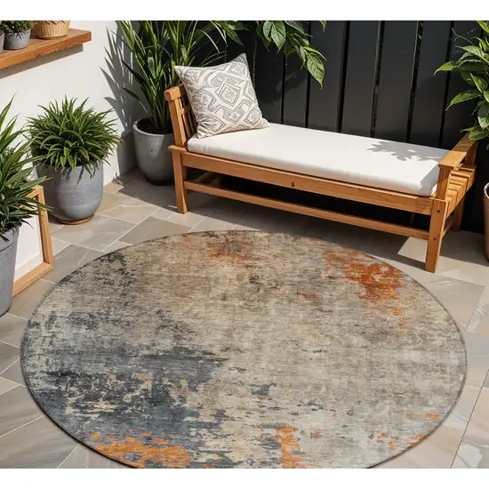 8' Khaki Gray And Copper Round Abstract Washable Indoor Outdoor Area Rug Photo 1