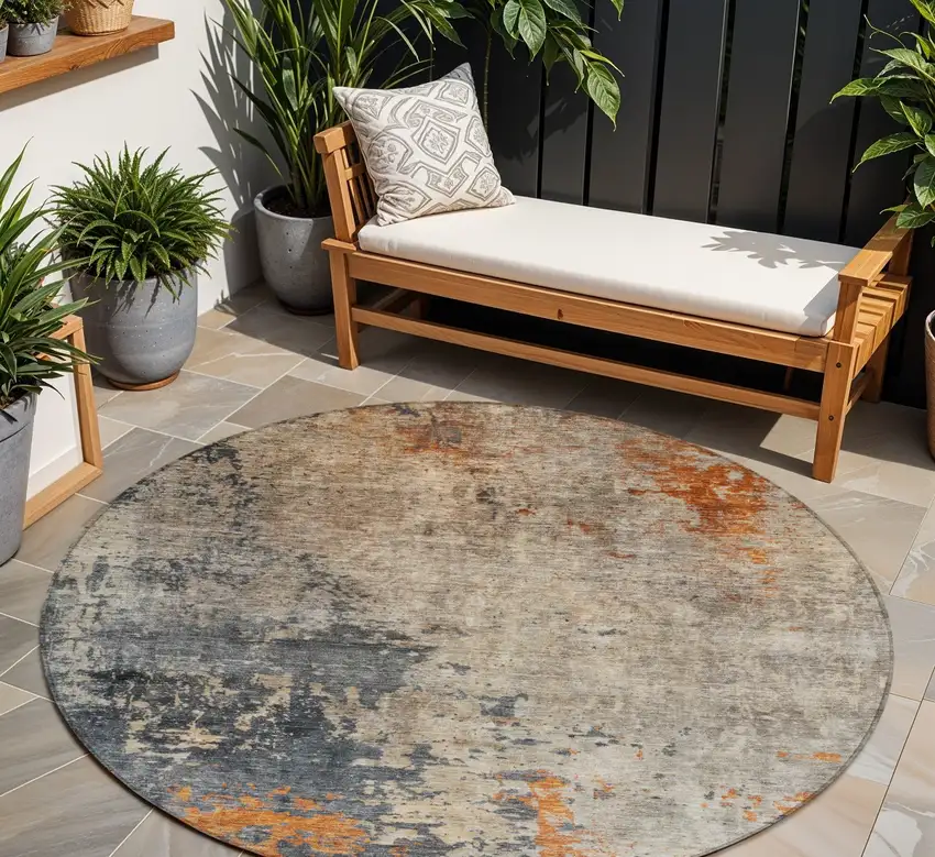 8' Khaki Gray And Copper Round Abstract Washable Indoor Outdoor Area Rug Photo 1