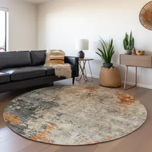 Photo of 8' Khaki Gray And Copper Round Abstract Washable Indoor Outdoor Area Rug