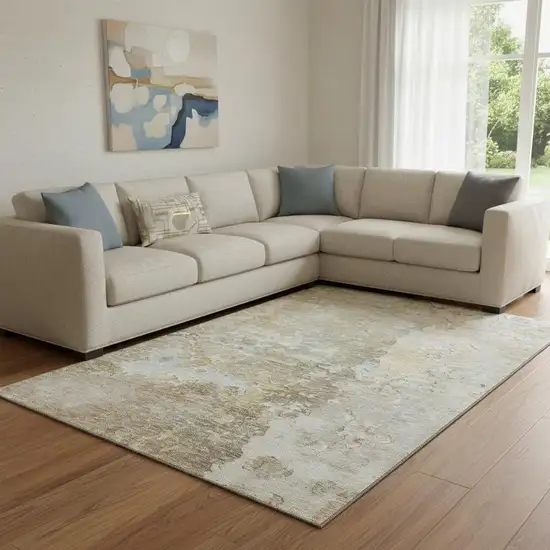 8' Khaki Gray And Gold Abstract Washable Area Rug With UV Protection Photo 2