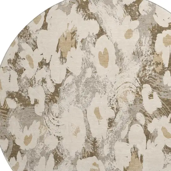 8' Khaki Gray And Ivory Floral Washable Round Rug With UV Protection Photo 3