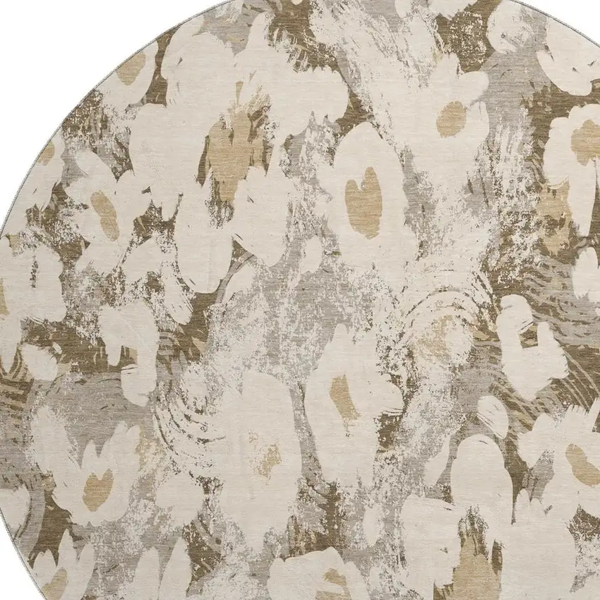 8' Khaki Gray And Ivory Floral Washable Round Rug With UV Protection Photo 3