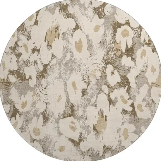 8' Khaki Gray And Ivory Floral Washable Round Rug With UV Protection Photo 4