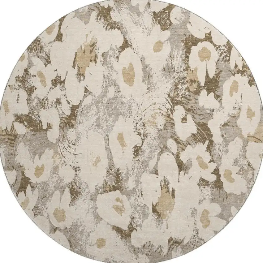 8' Khaki Gray And Ivory Floral Washable Round Rug With UV Protection Photo 4