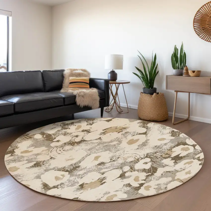 8' Khaki Gray And Ivory Floral Washable Round Rug With UV Protection Photo 5