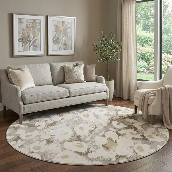 8' Khaki Gray And Ivory Floral Washable Round Rug With UV Protection Photo 1