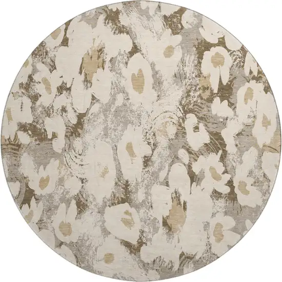 8' Khaki Gray And Ivory Floral Washable Round Rug With UV Protection Photo 1
