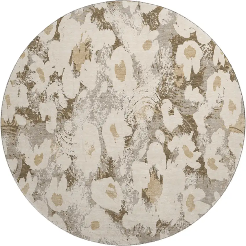 8' Khaki Gray And Ivory Floral Washable Round Rug With UV Protection Photo 1