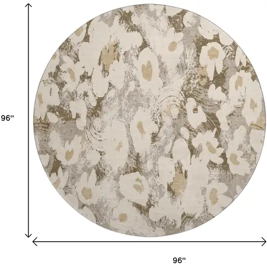 8' Khaki Gray And Ivory Floral Washable Round Rug With UV Protection Photo 9