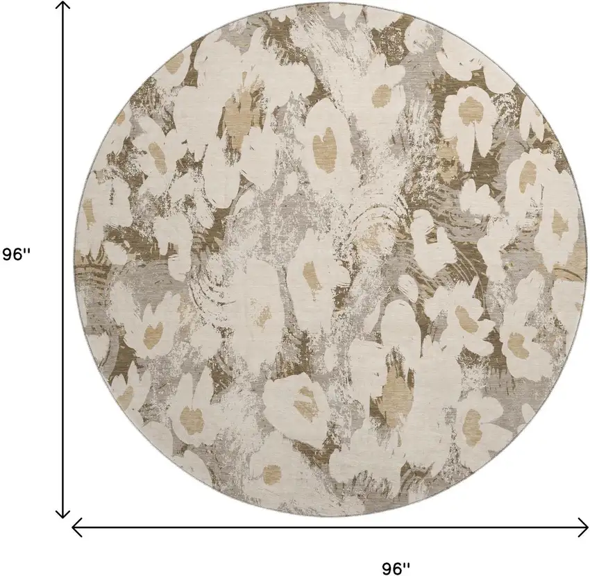 8' Khaki Gray And Ivory Floral Washable Round Rug With UV Protection Photo 9