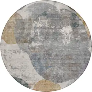 Photo of 8' Khaki Gray And Ivory Round Geometric Washable Indoor Outdoor Area Rug