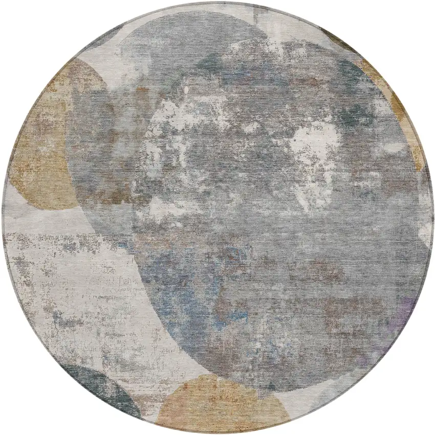 8' Khaki Gray And Ivory Round Geometric Washable Indoor Outdoor Area Rug Photo 1