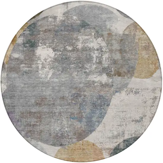 8' Khaki Gray And Ivory Round Geometric Washable Indoor Outdoor Area Rug Photo 2