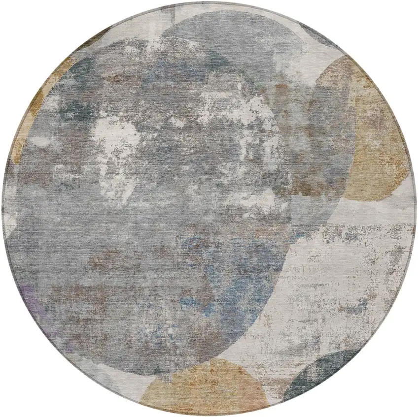 8' Khaki Gray And Ivory Round Geometric Washable Indoor Outdoor Area Rug Photo 2