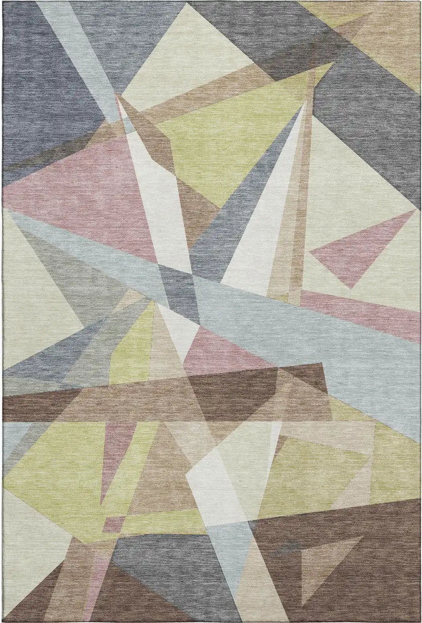 8' Khaki Gray And Mauve Geometric Washable Area Rug With UV Protection Photo 1