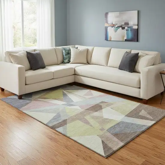 8' Khaki Gray And Mauve Geometric Washable Area Rug With UV Protection Photo 2