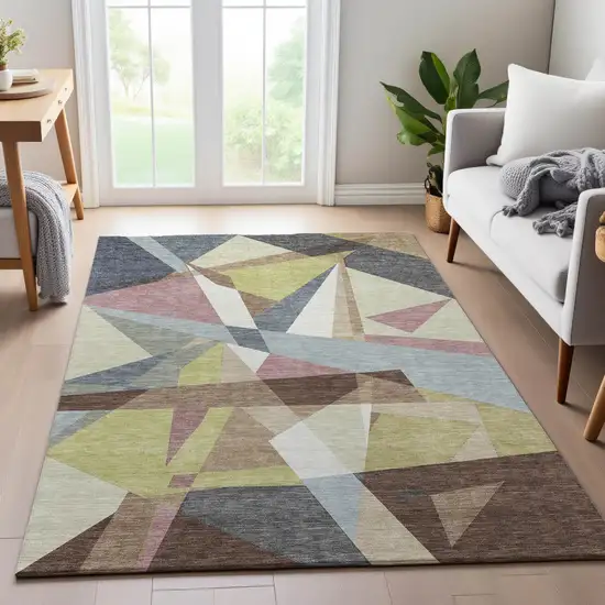 8' Khaki Gray And Mauve Geometric Washable Area Rug With UV Protection Photo 5