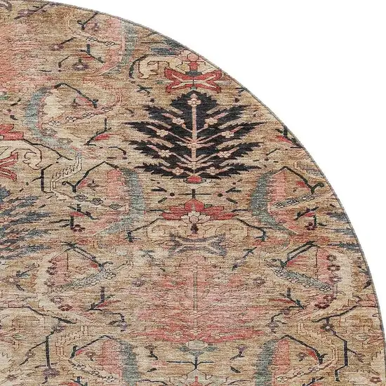 8' Khaki Gray And Salmon Damask Washable Round Rug With UV Protection Photo 3