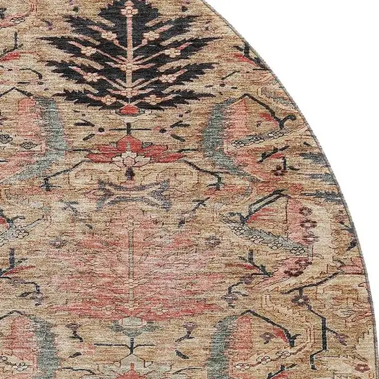 8' Khaki Gray And Salmon Damask Washable Round Rug With UV Protection Photo 2