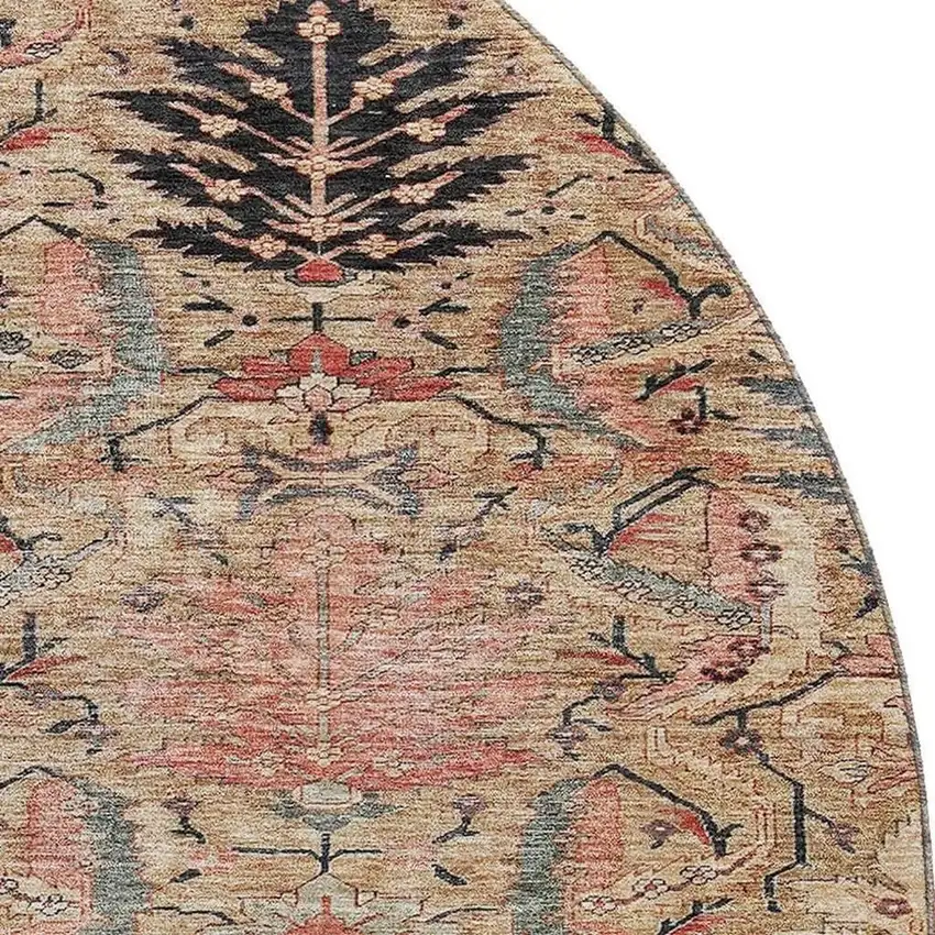 8' Khaki Gray And Salmon Damask Washable Round Rug With UV Protection Photo 2