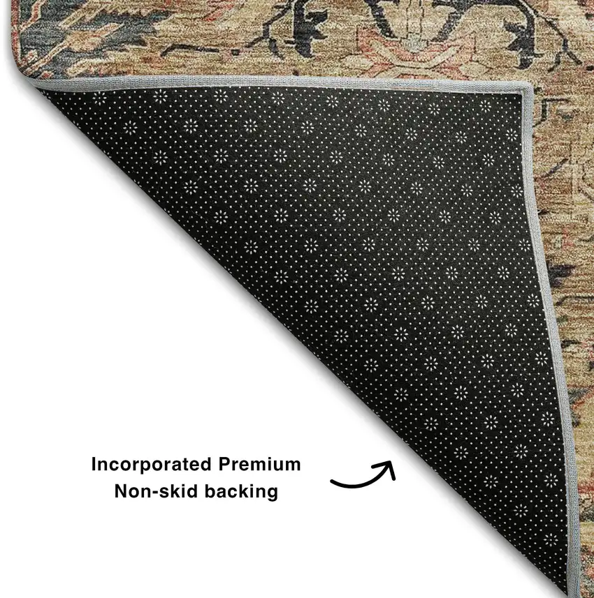 8' Khaki Gray And Salmon Damask Washable Round Rug With UV Protection Photo 5