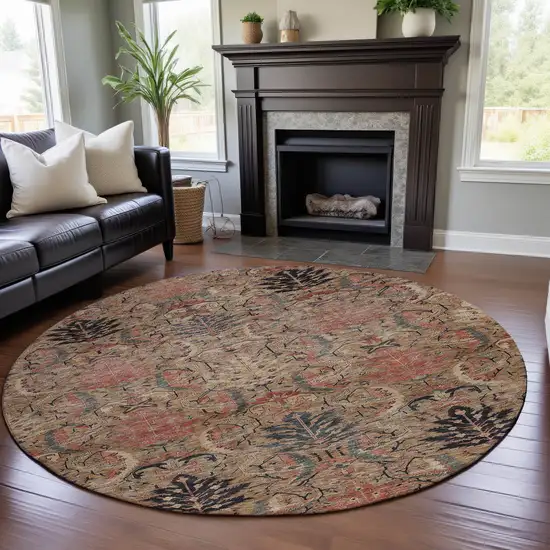 8' Khaki Gray And Salmon Damask Washable Round Rug With UV Protection Photo 4