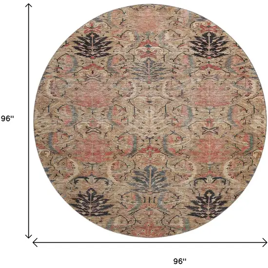 8' Khaki Gray And Salmon Damask Washable Round Rug With UV Protection Photo 9
