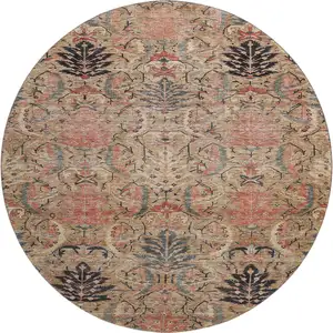 Photo of 8' Khaki Gray And Salmon Damask Washable Round Rug With UV Protection