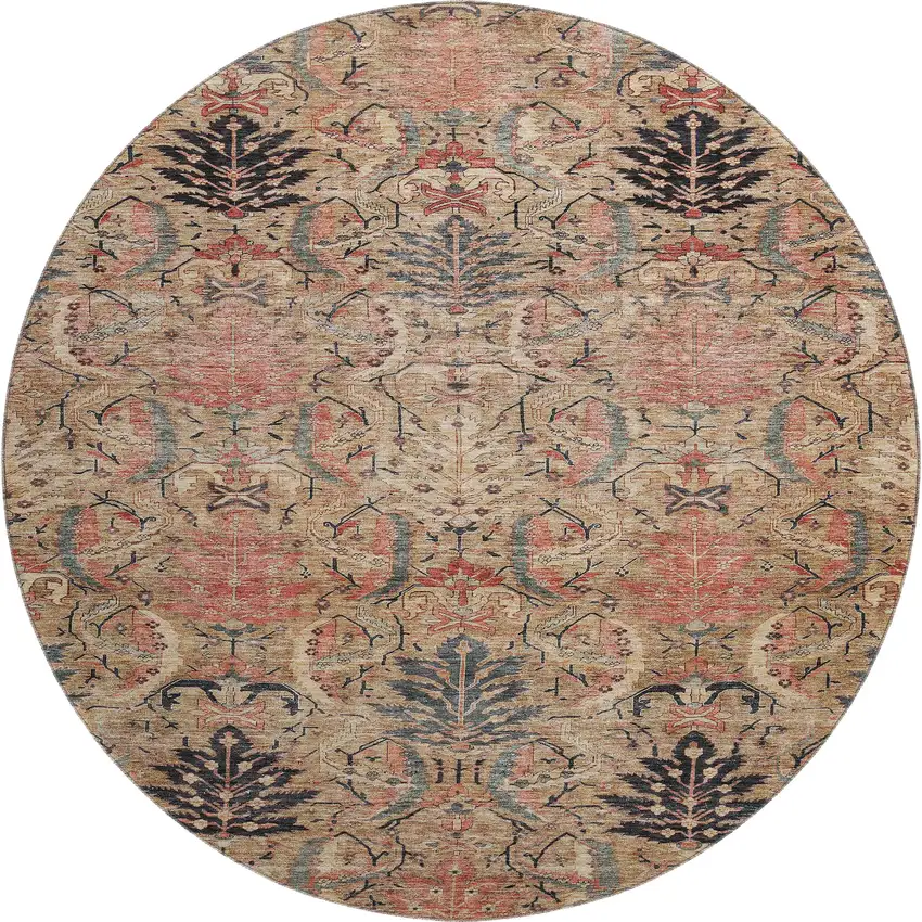 8' Khaki Gray And Salmon Damask Washable Round Rug With UV Protection Photo 1