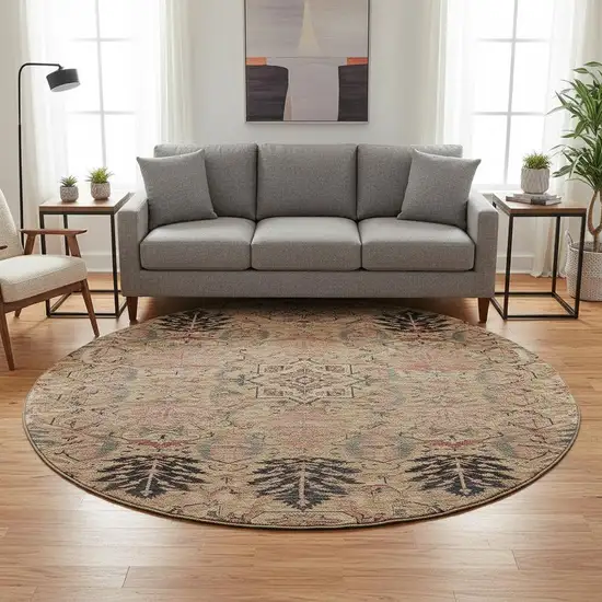 8' Khaki Gray And Salmon Damask Washable Round Rug With UV Protection Photo 2