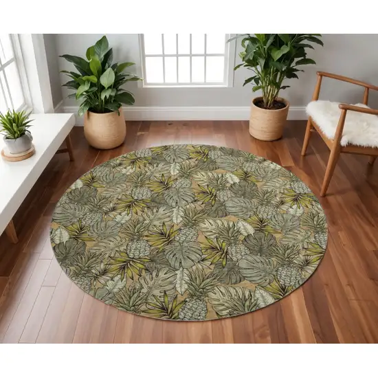 8' Khaki Gray And Yellow Geometric Washable Round Rug With UV Protection Photo 1